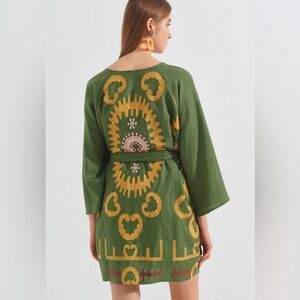 ⚡️ August Resortwear Embroidered Olive Green Tie Waist Robe Dress Size S / M
